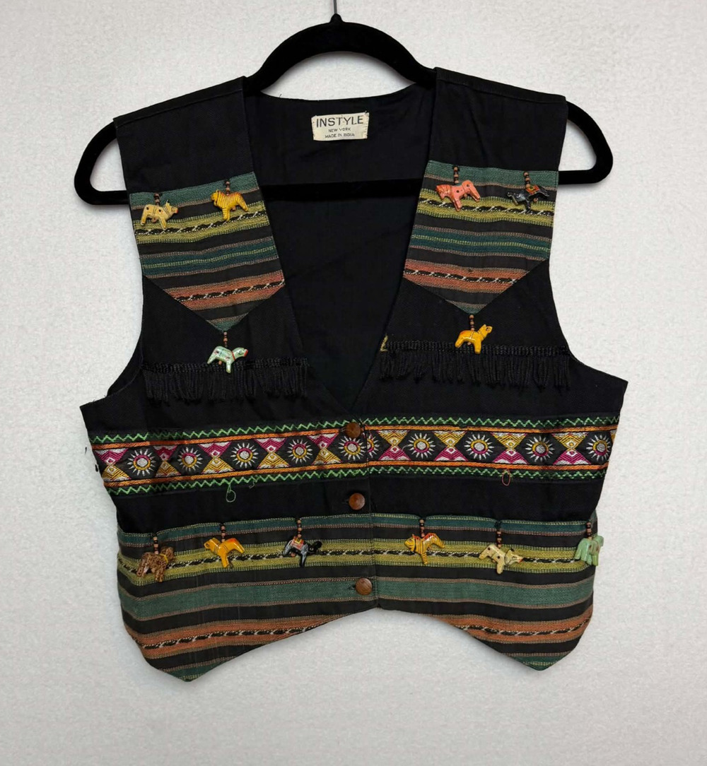 VTG INStyle Wooden Animal Beaded Embroidered Vest Black Size S Folk Hippie